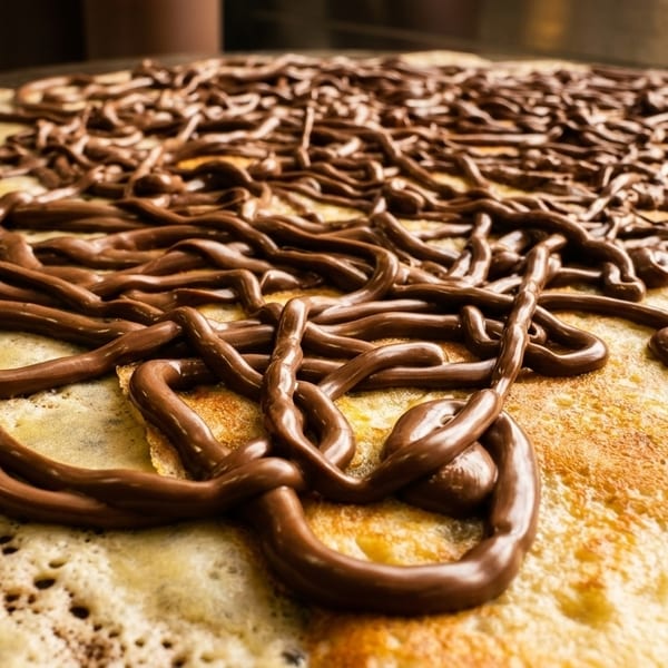 A golden crepe covered with generous drizzles of melted chocolate on a griddle.