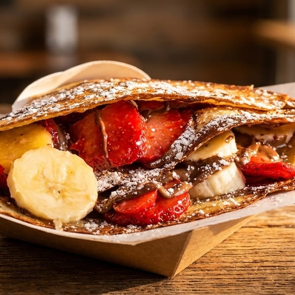 Sweet crepe filled with strawberries, bananas, chocolate sauce, and powdered sugar in a paper holder.