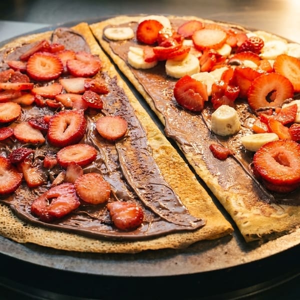 Two crepes on a griddle, one with strawberries, the other with strawberries and bananas.