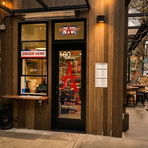 Crepes A La Cart restaurant exterior with stone and wood siding, outdoor seating, and a mountain backdrop.